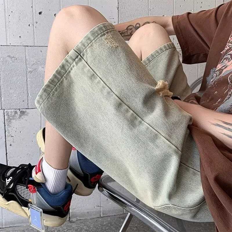 Summer Distressed Ripped Jorts Mens Drawstring Retro Fashion Denim Shorts Hombre Y2K Streetwear Baggy Short Jeans Blue BermudaXJ251025