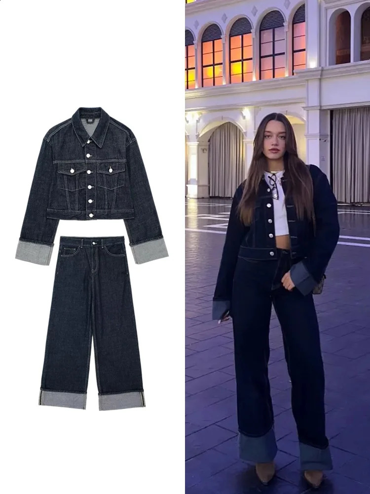 TRAF womens rolling sleeve denim jacket jackethigh waist wide leg jeans casual fashion tenor set 241206