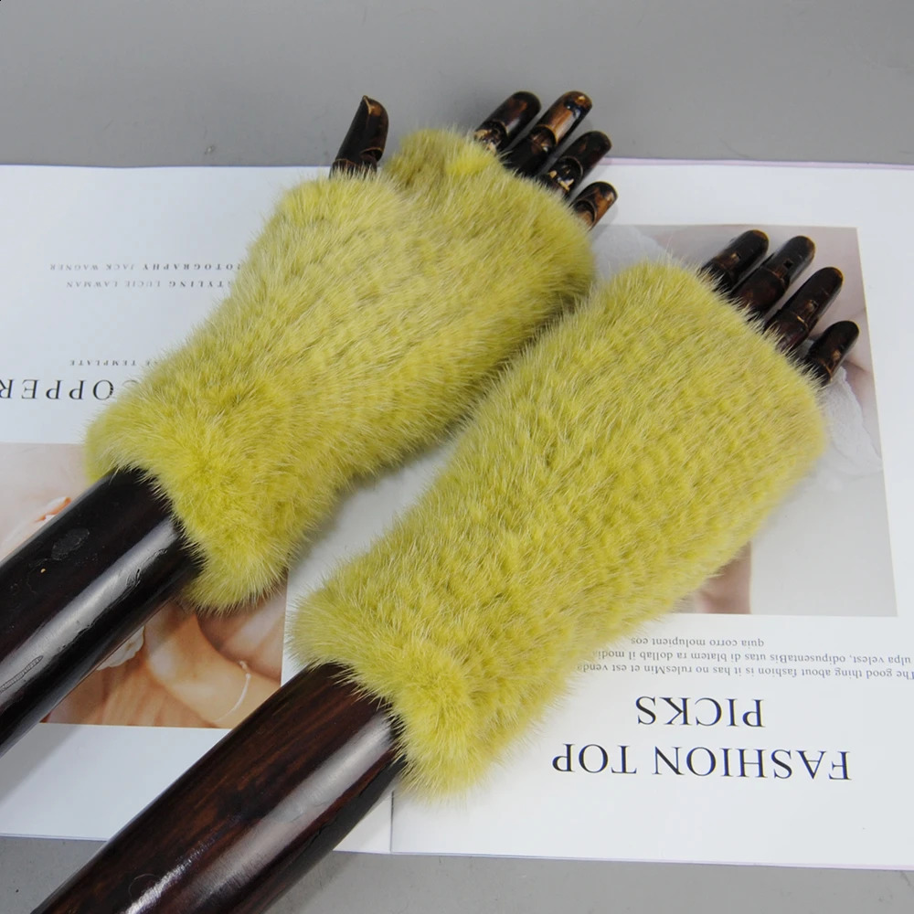 2024 High Quality Womens 100% Winter Warmth Genuine Mink Knitted Half Finger Gloves 241206