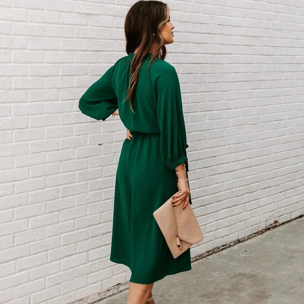 Green Fashion Lace Up Dress For Womens O Neck Elegant Ladies Sexy Big Swing Party Dresses Summer Autumn Casual Robe Femme 241205