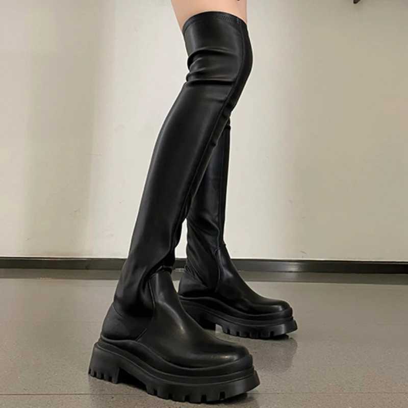High Quality Wans Over the Knee leather zipper thin elastic flat Botted Lg high tube elastic platform boots T241206