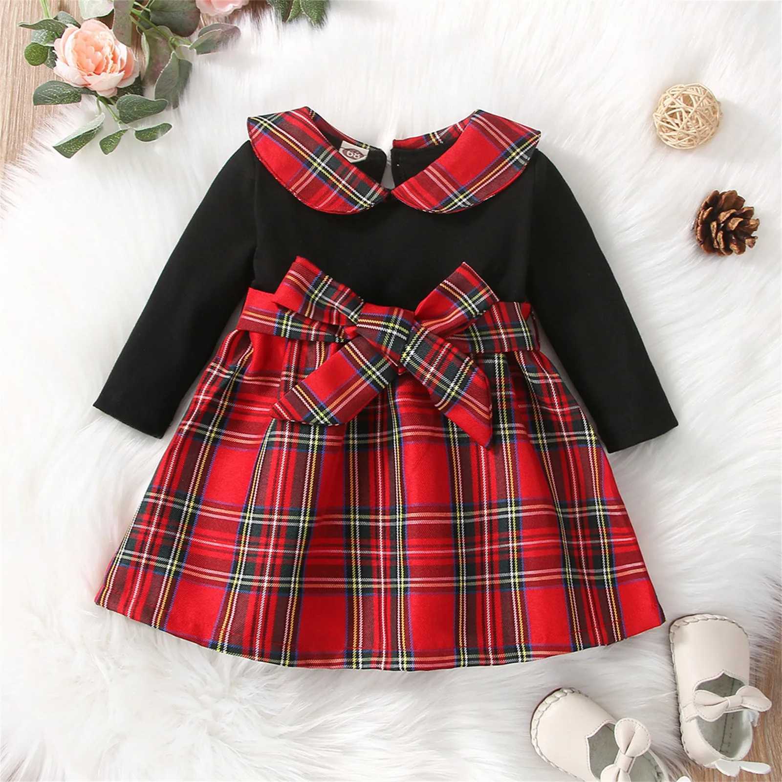 Princess Dress For Girls Xmas Infant Newborn Baby Girls Patchwork Long Sleeve Bowknot Christmas Plaid Princess Conjuntos De NiAXJ241206