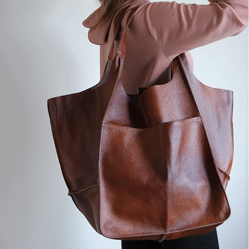 Simple Soft PU Leather Big Shoulder Vintage Large Capacity Female Handheld Tote Bags High-End Solid Color Ladies Handbags