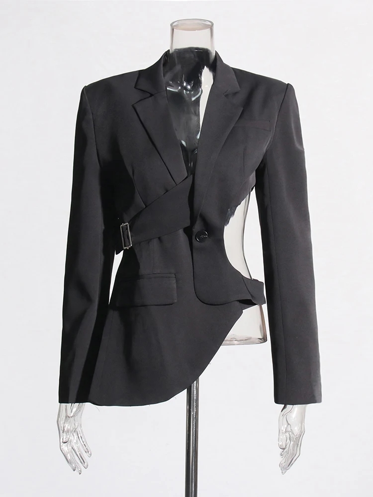 Hollow Out Backless Slimming Blazers For Women Notched Collar Long Sleeve Spliced Button Irregular Blazer Female