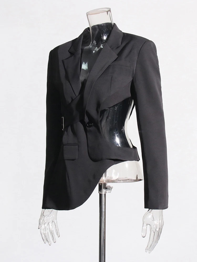 Hollow Out Backless Slimming Blazers For Women Notched Collar Long Sleeve Spliced Button Irregular Blazer Female
