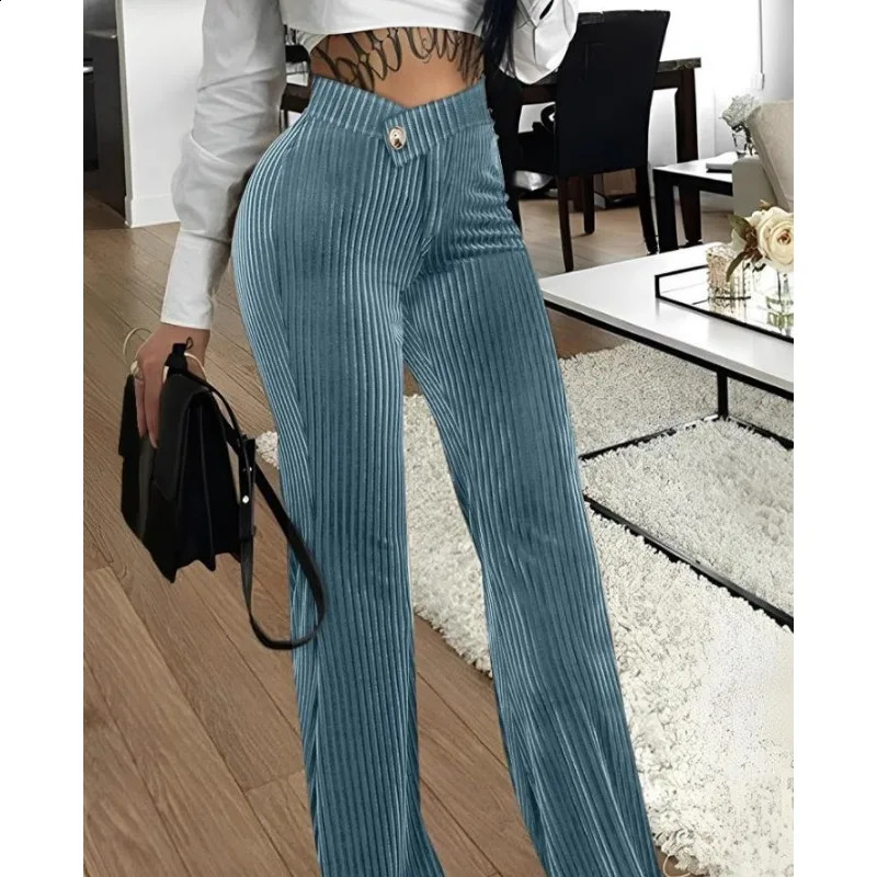 Spring/Summer Womens Pants Solid Color Fashion Gold Velvet Stripe Casual High Waist Trouser 241202