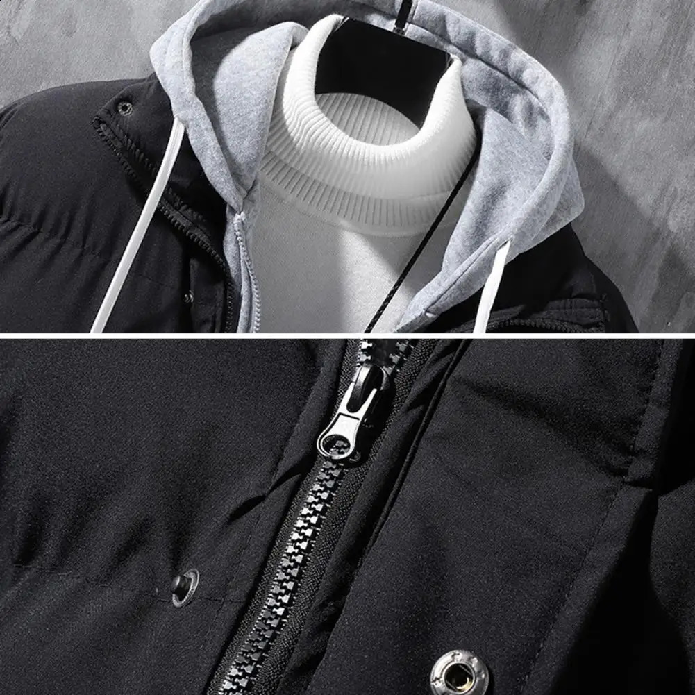 Men Autumn Winter Hooded Long Sleeve Coat Two Pieces Pockets Zipper Placket Jacket Windproof Thickened Cotton Outwear 241205