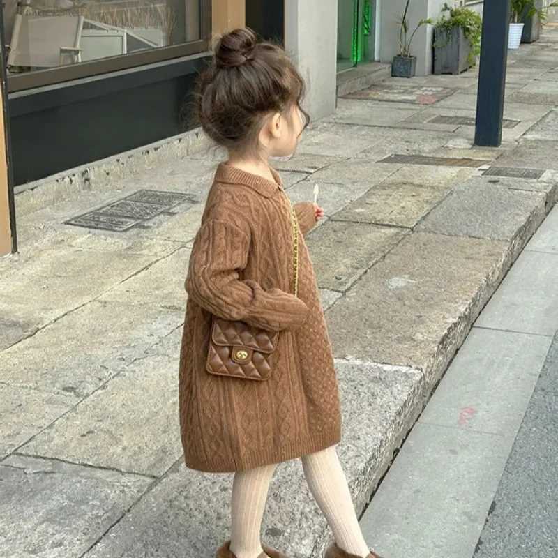 Childrens Clothing 2024 Korean Girls Versatile Dress 2024 Spring Autumn New Girls Baby Coffee Colored Sweater Long SkirtXJ241206