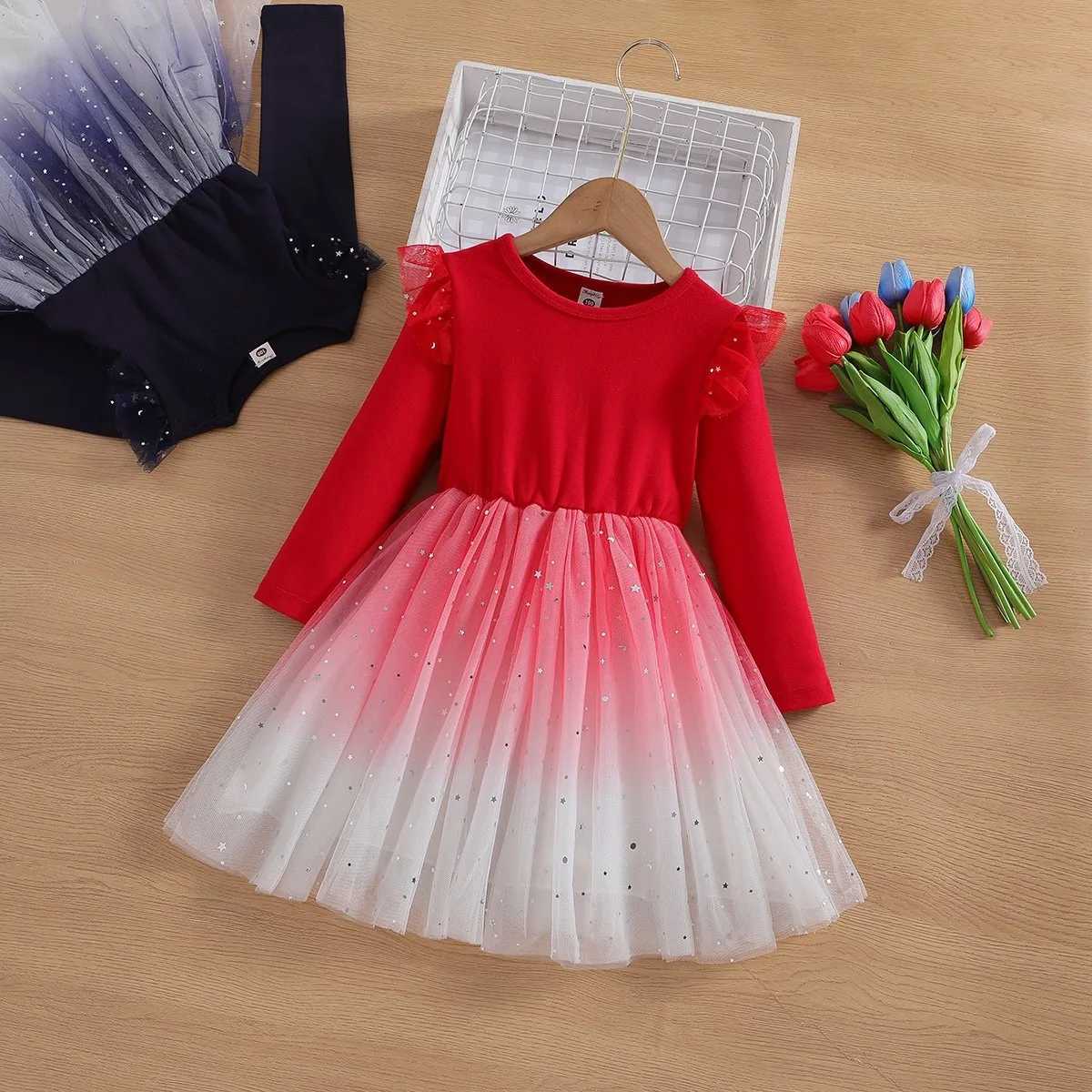 New Blue Princess Dress Baby Girls Dress Spring Autumn Kids Clothes Dress Par Long-sleeved For Children Dress Rainbow 3-10TXJ241206