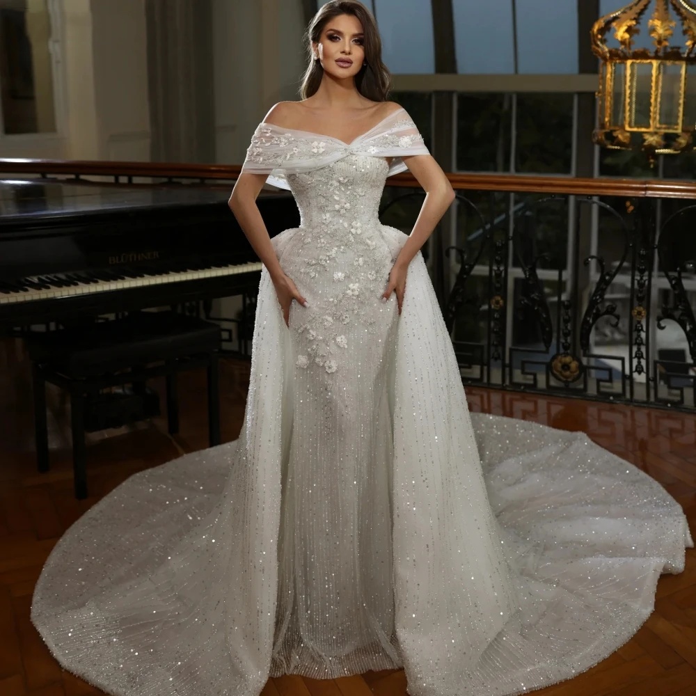ful Off The Shoulder Bridal Dress Sequins Wedding Gown Dubai Detachable Train Appliques Mermaid Bride Robe Vestido De Novia