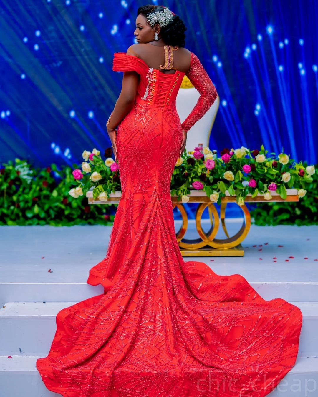 Red Mermaid Prom Dresses 2025 Lace Beaded Full Sleeves Sheer Neck Evening Formal Party Second Birthday Engagement Gowns Plus Size Dress For Special Oc
