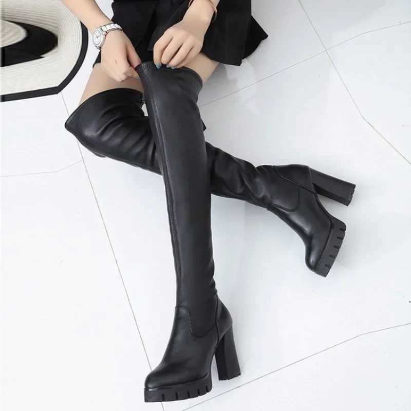 High Quality Autumn and Winter Warm Knee Leather Lg High Heels Platform Snow Thick Boots Warm 20 Womens Shoes Botas De Mujer T241206
