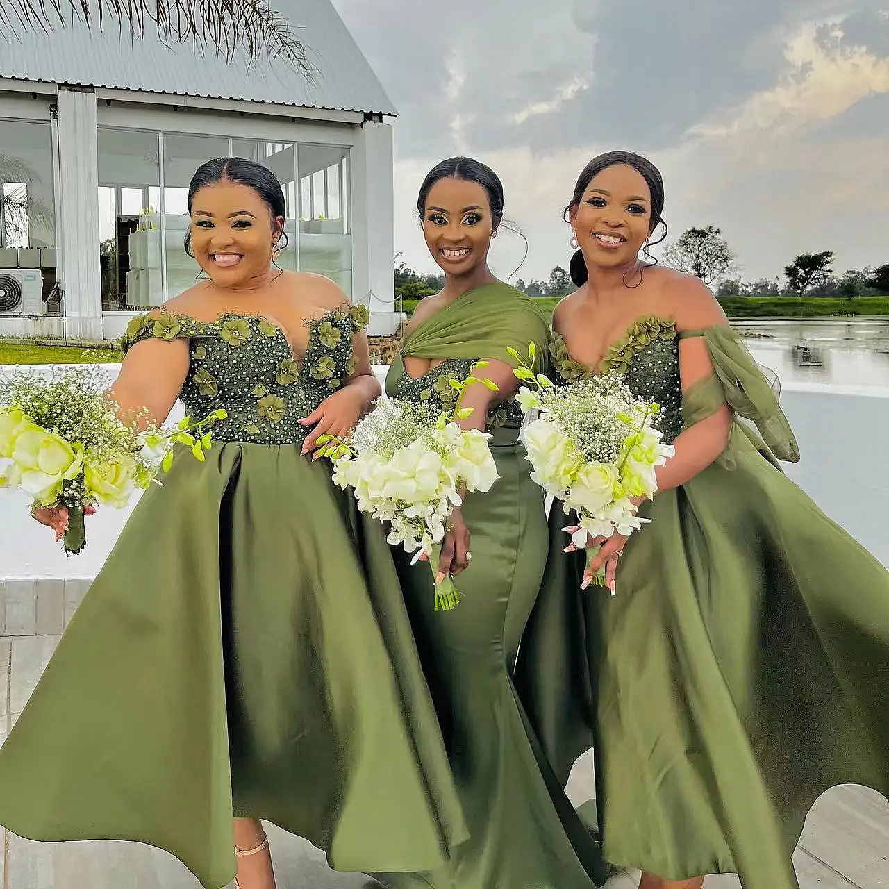 3D Floral Appliques Olive Green Bridesmaid Dress Pearls Beaded Sweetheart Neckline A Line Tea Length Plus Size Wedding Party Gown 3 Styles Women Prom 