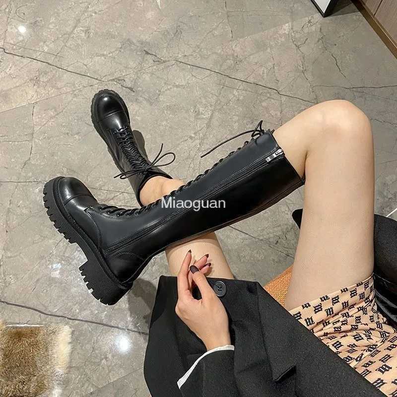 High Quality Fi Elegant Platform High Heels Lg Knight Cycling Boots Black Casual Shoes Winter Lace Upper Designer British Style T241206
