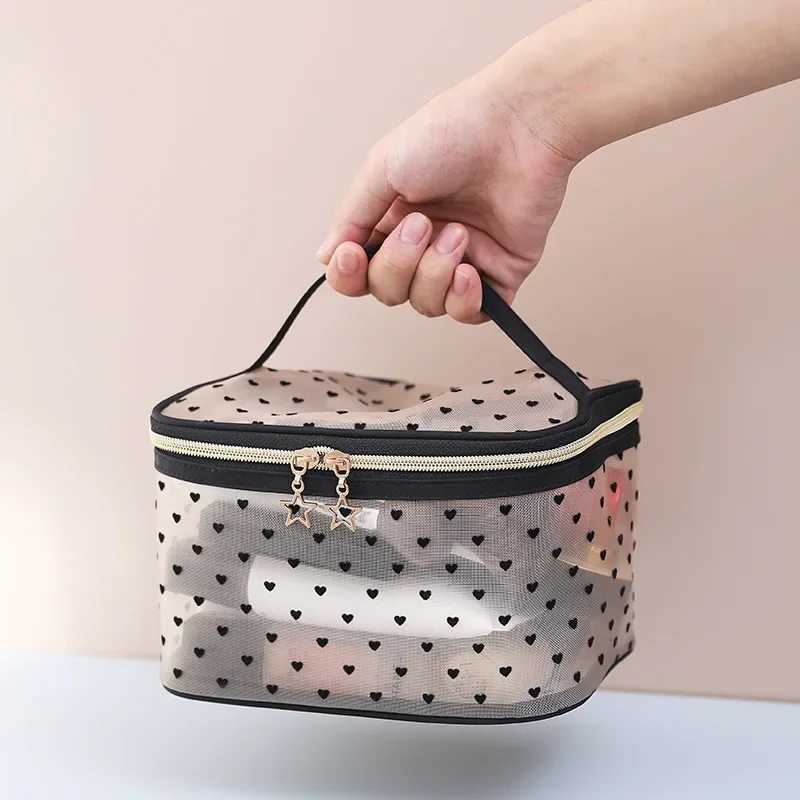 Mesh Cosmetic Makeup Bags Case Holder Cute Transparent Zipper Black Heart Printed Pencil Pen Case Pouch Cvenient To CarryXJ241206
