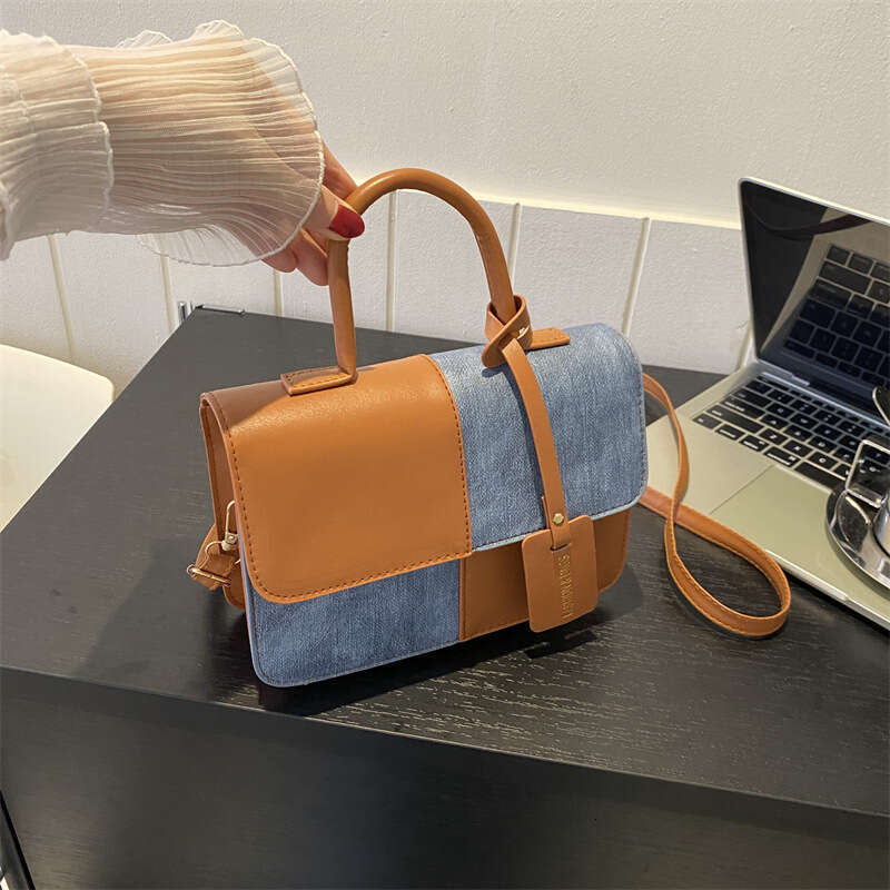 Fashionable Contrasting Color Simple Handbag Autumn New Style Trendy Casual Small Square Retro Single Shoulder Crossbody Bag Women's Fashionable 