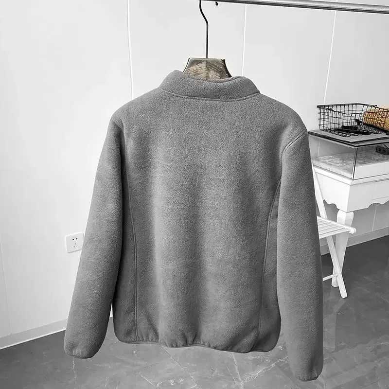 New Winter Fleece Jacket Solid Color Sherpa Casual Coat Thick Warm Stand Collar Zip Up Outdoor Windbreak Jacket Soft ComfortableXJ241206