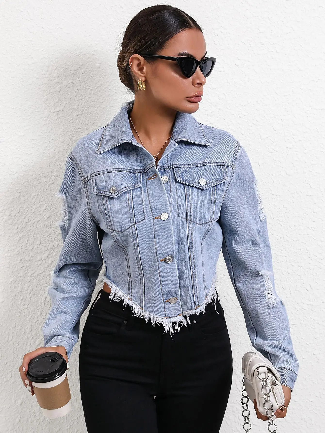 Open collar womens denim jacket single chest open solid streetwear pocket washed buttons 241206