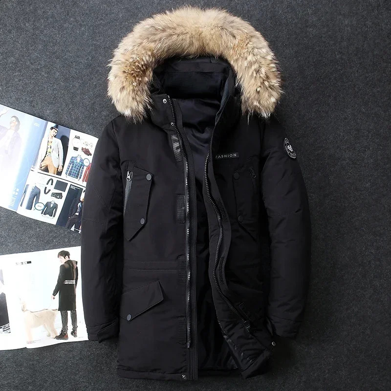 Winter Duck Down Parka Men Hooded Fur Collar Long Thicken Warm Jacket Women High Quality Outdoor Windproof Casual Coats 241205