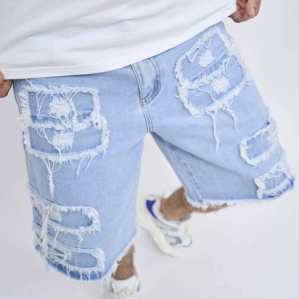 2024 Summer Mens High Street Ripped Patch Denim Shorts Stylish Solid Casual Male Straight Jeans ShortsXJ241206