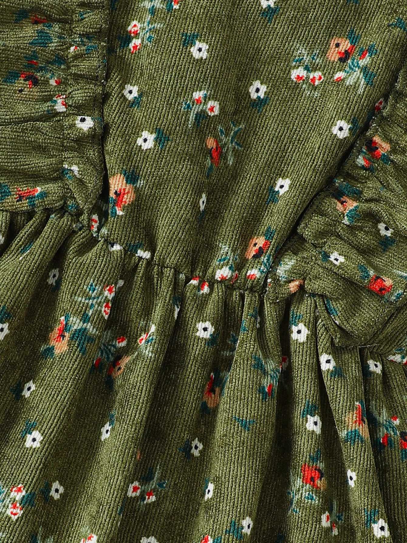 Kid Toddler Girls Dress Floral Print Button Front Ruffle Long Sleeve Corduroy Dress One Piece Casual Dress For Fall GreenXJ241206