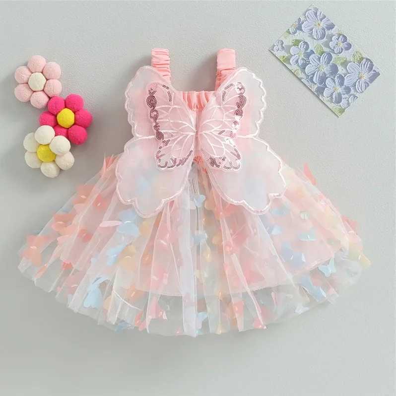 Summer Girls New Dress Sweet Sling Waist Wrapped Colorful Butterfly Mesh Back Big Wings Princess DressXJ241206