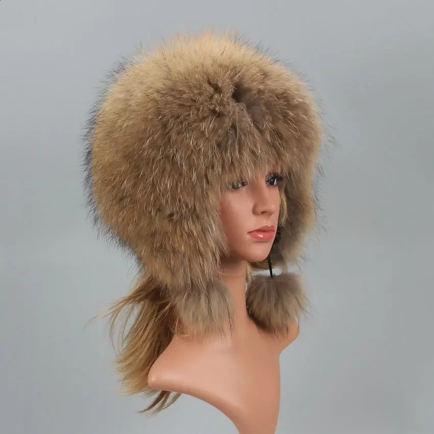 Real fox fur puffy bomber winter bonnet hat Russian female bear natural raccoon fur hat Knitted skull bear female hat 241206