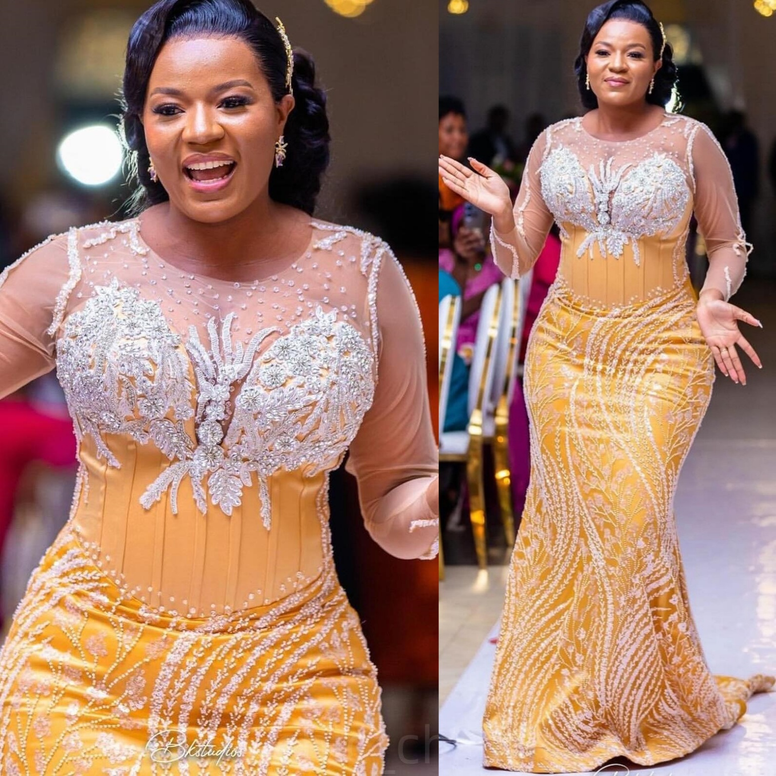 Yellow Mermaid Prom Dresses 2025 Lace Beaded Rhinestones Full Sleeves Evening Formal Party Second Birthday Engagement Gowns Plus Size Dress For Specia
