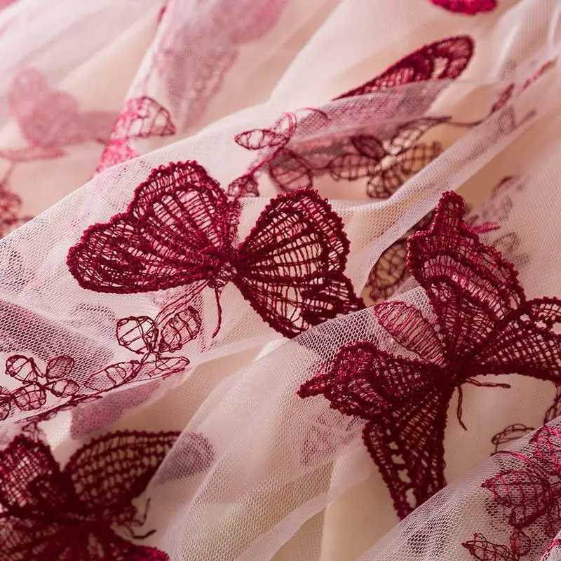 Autumn and Winter Girls New Butterfly Embroidered Mesh Long Sleeve Princess Dress Christmas Birthday Par Red DressXJ241206