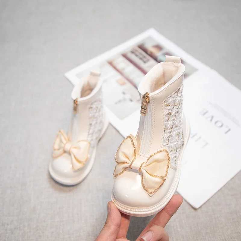 Girls Short Boots Simple Soft Breatheable Children Fashion Leather Boots Zipper Kids Sweet Princess Boots with Bow-knot WinterXJ241206