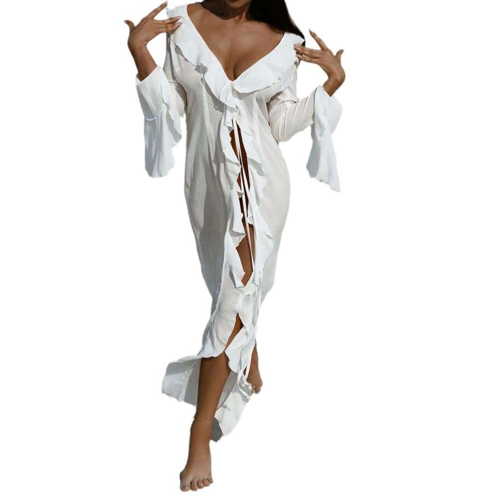 European and American autumn long sleeved lace cardigan beach bikini sunscreen cover skirt wholesale 2024 new style temperament chic elegant clothing