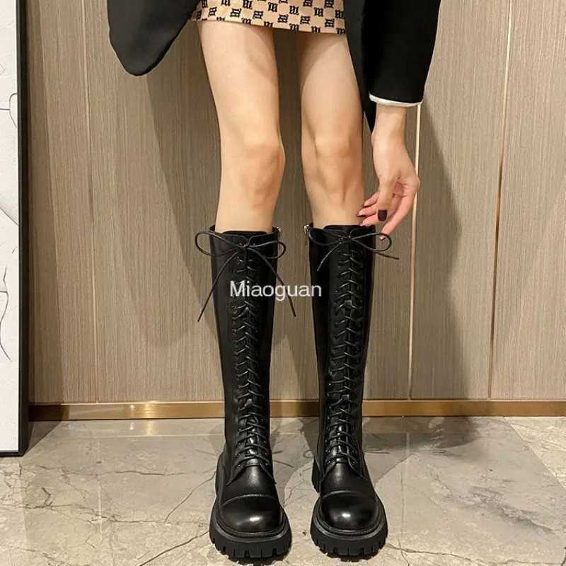 High Quality Fi Elegant Platform High Heels Lg Knight Cycling Boots Black Casual Shoes Winter Lace Upper Designer British Style T241206