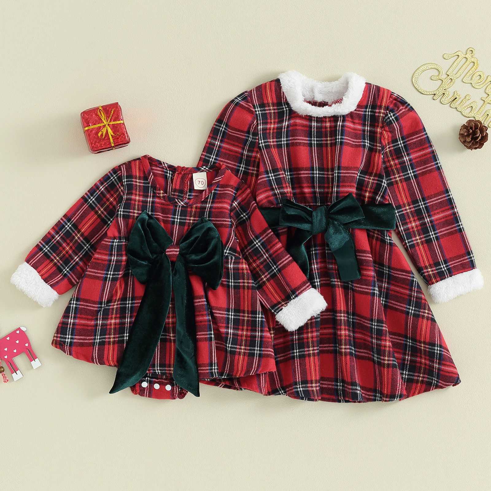 FOCUSNORM 1-6Y Toddler Kids Girls Christmas Romper/Dress Plaid Printed Plush Patchwork Bowknot Long Sleeve Jumpsuits Or DressXJ241206