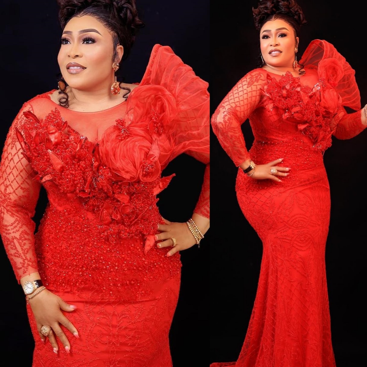 Red Mermaid Prom Dresses 2025 Floral Lace Beaded Full Sleeves Evening Formal Party Second Birthday Engagement Gowns Plus Size Dress For Special Occasi