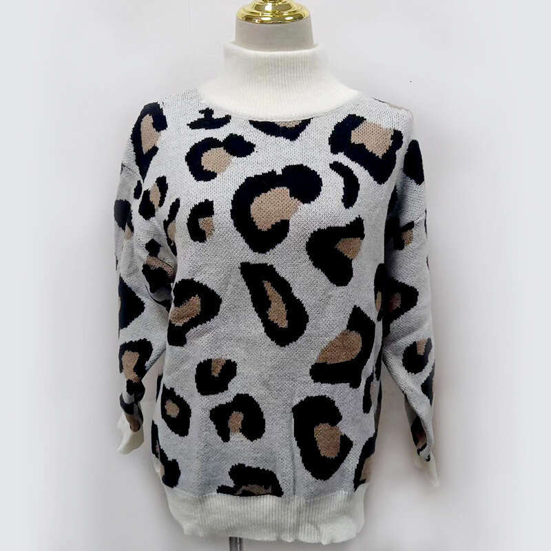 European American college style semi high neck leopard print pullover sweater autumn and winter long sleeved temperament wool top for women 2024 new c