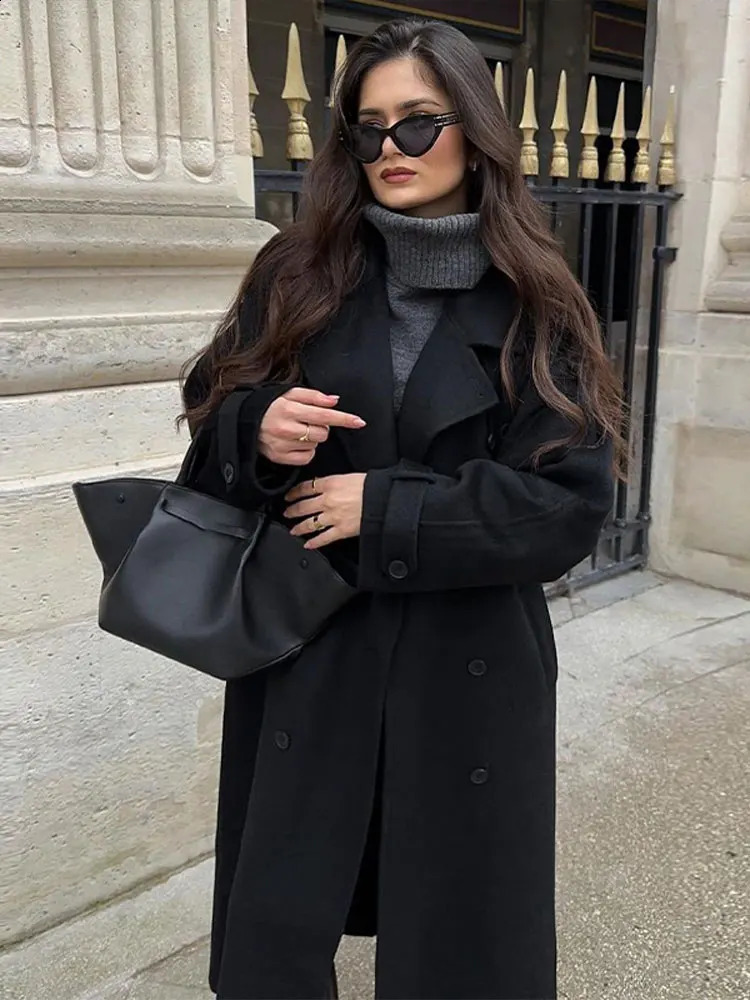 Fashion Black Double layer Wool Coat with Belt Womens Fashion Collar Long sleeved Coat Autumn Womens Street Dress 241205