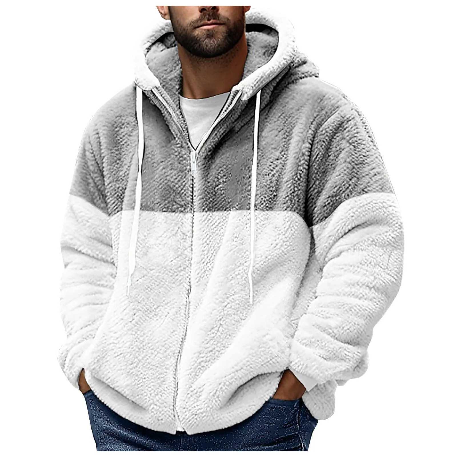 Men Jacket Coat Winter Color Blocked Double Velvet Hooded Zipper Cardigan Corduroy Jacket Casual Warm Loose Comfy OuterwearXJ241206