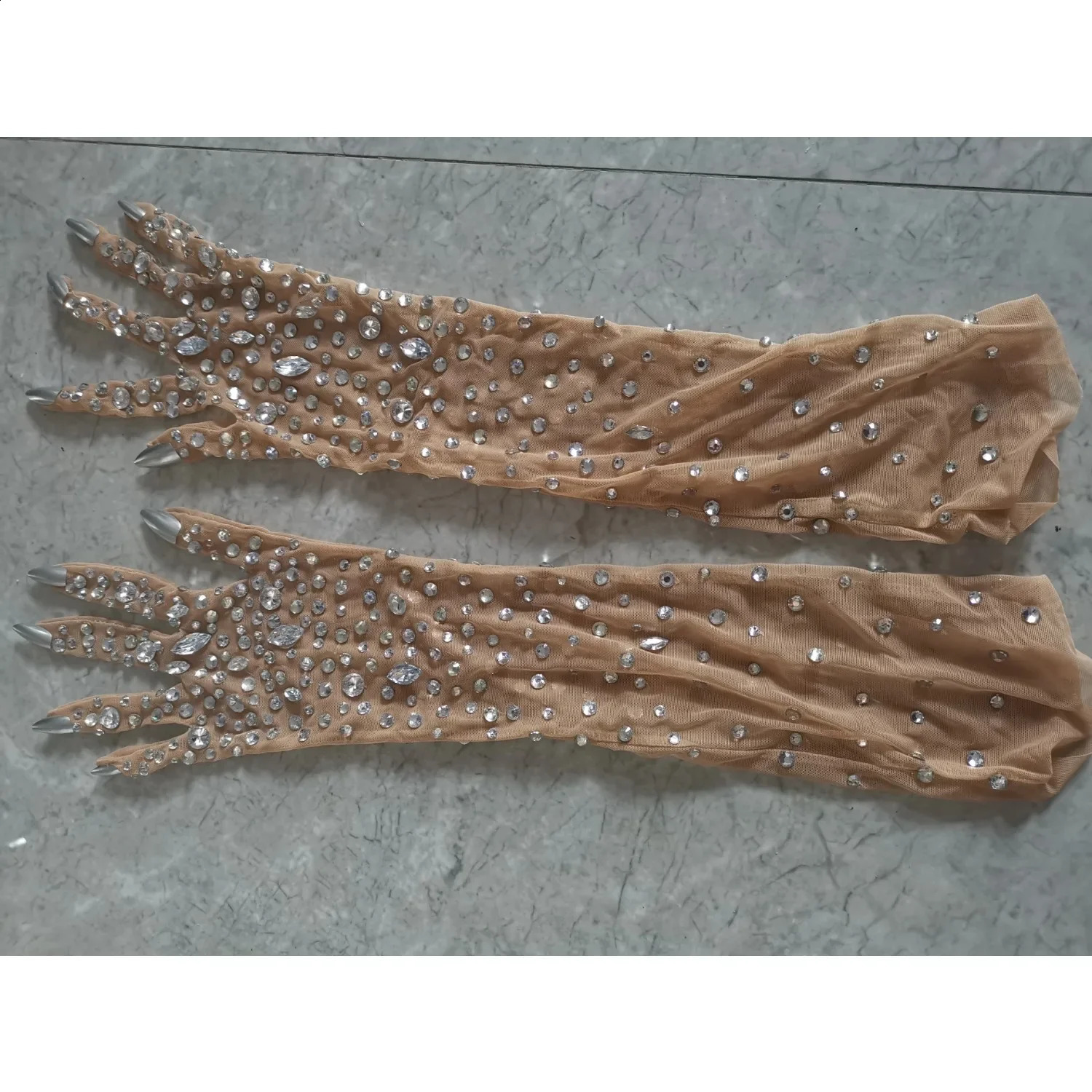 Womens sparkling crystal mesh long angle gloves elastic rhinestone gloves dance singer stage costume accessories 241206