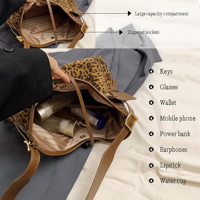Purses for Women - Large Leopard Print Hobo Suede Tote Shoulder Bag Crossbody Handbag Fall Purse Valentine's Day
