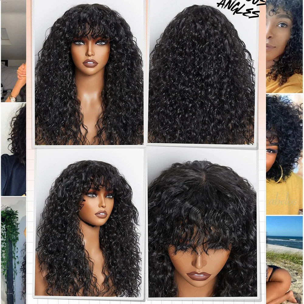 Long 30 32 water wave wig with bangs human hair wig 100% curly human hair wig wig with bangs 180 density machine made wig 241206