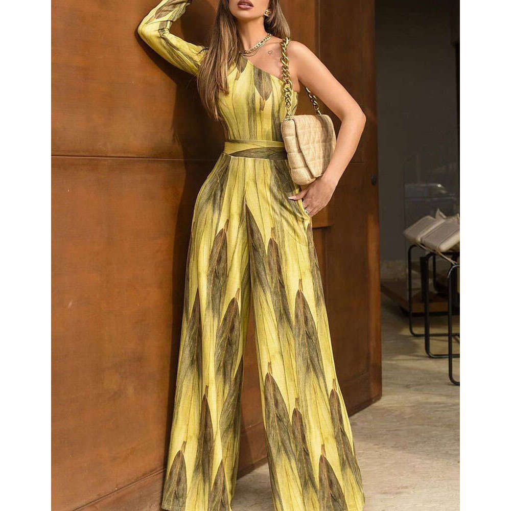 Spring/Summer Yellow Mid Waist Small Fragrant French Long Dress, Retro V-neck jumpsuit, Stylish Commuter Style 2024 New Casual Versatile Fashion Cloth