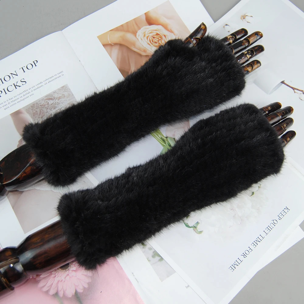 Winter Fur Claw Gloves Womens Knitted High Genuine Leather Long Gloves Womens Knitted Genuine Mink Long Sleeve Warm Fingerless Gloves 241206