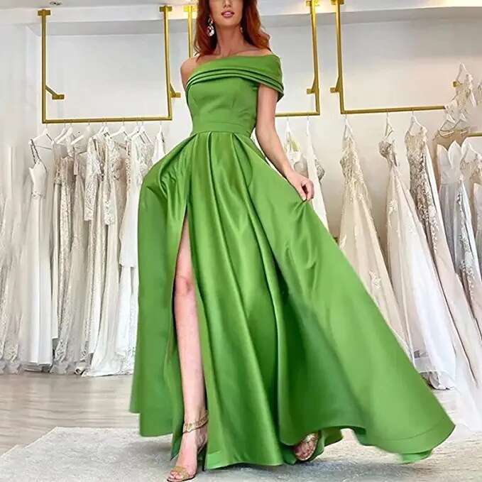 Single shoulder satin dress, evening gown, birthday party, fluffy skirt, green high slit sexy jumpsuit, 2024 versatile new trendy clothing ins
