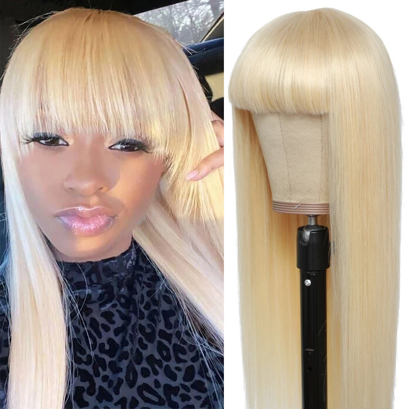 613 honey blonde straight wig with bangs Remy hair edge wig womens 180% full density machine wig with bangs 241206