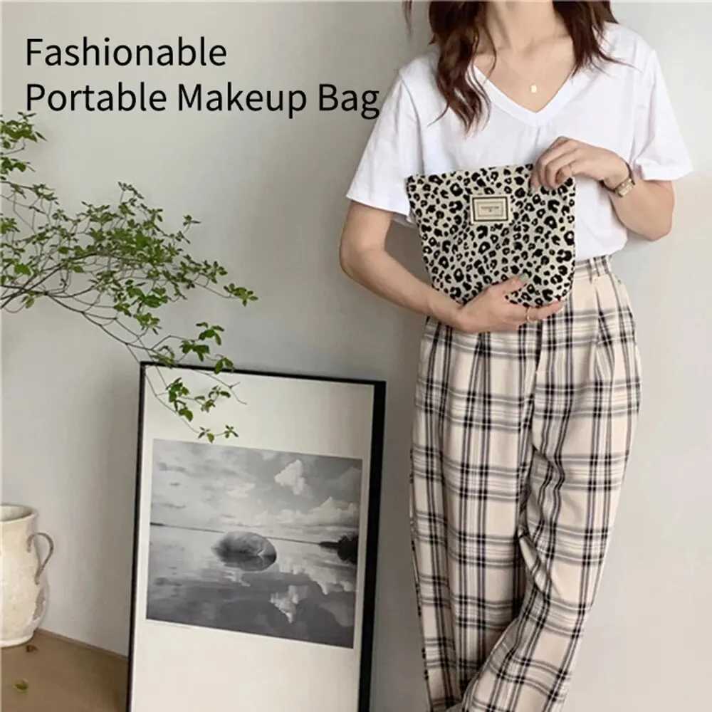 Fiable Leopard Print Wern Style Makeup Bag Portable Canvas Mobile Phe Bag Hand Held Bag Minimalist Storage BagXJ241206