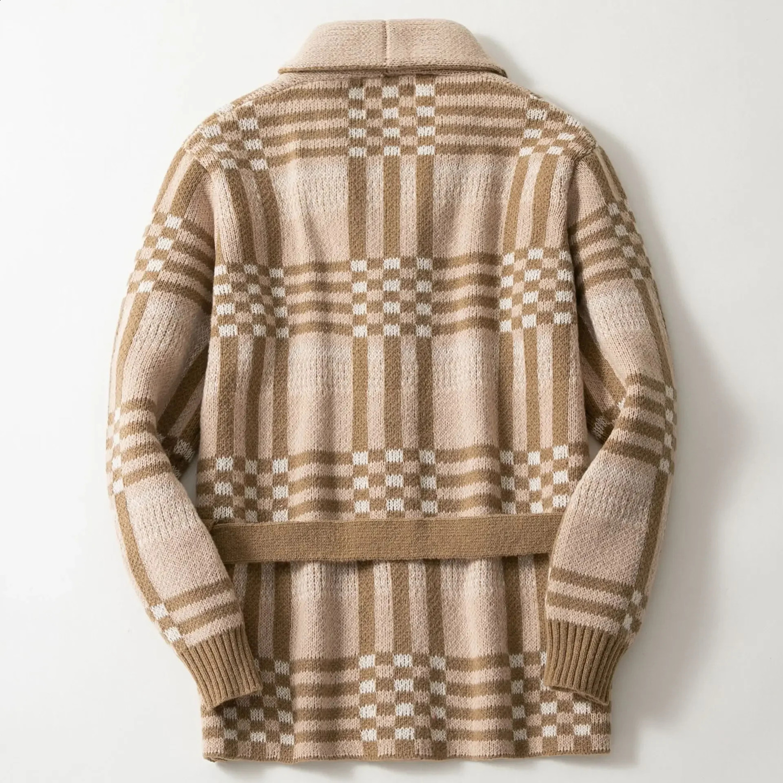 Mens mid length cardigan sweater jacket with lapel single chest lace waistband knitted thick jacket for autumn and winter 241205