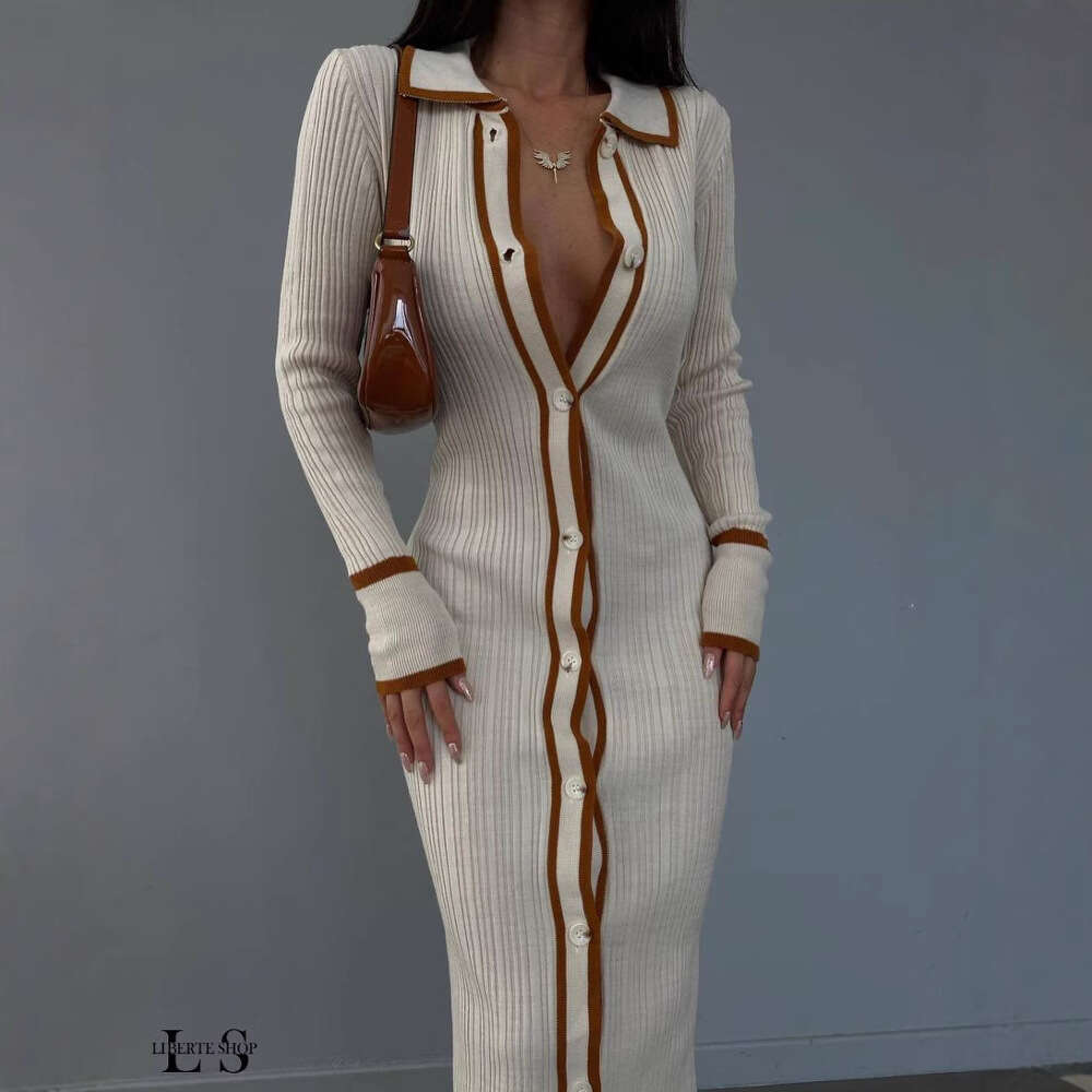 European and American slim fit lapel patchwork women's long sleeved cardigan dress 2024 new casual fashion trend clothing