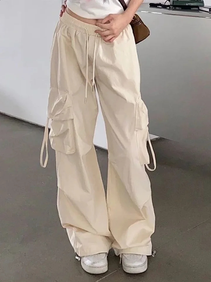 Women Y2K Cargo Pants Fashion Casual High Waist Big Pockets Hip Hop Trousers Female Streetwear Drawstring Baggy Sweatpants 241203