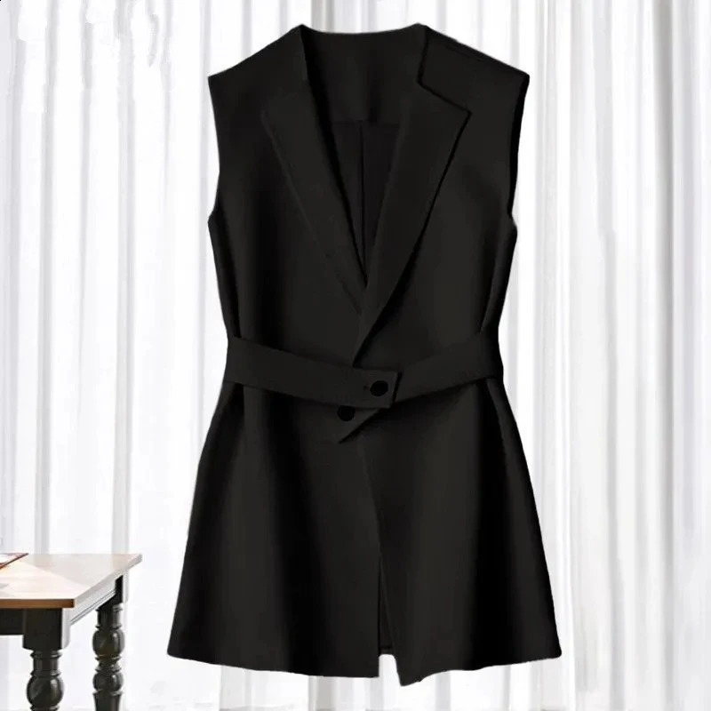 Spring Autumn 2024 Fashion With Belt Suit Vest Jacket Women Office Casual Sleeveless Blazer WaistCoat Coat Ladies Short Tops 241205