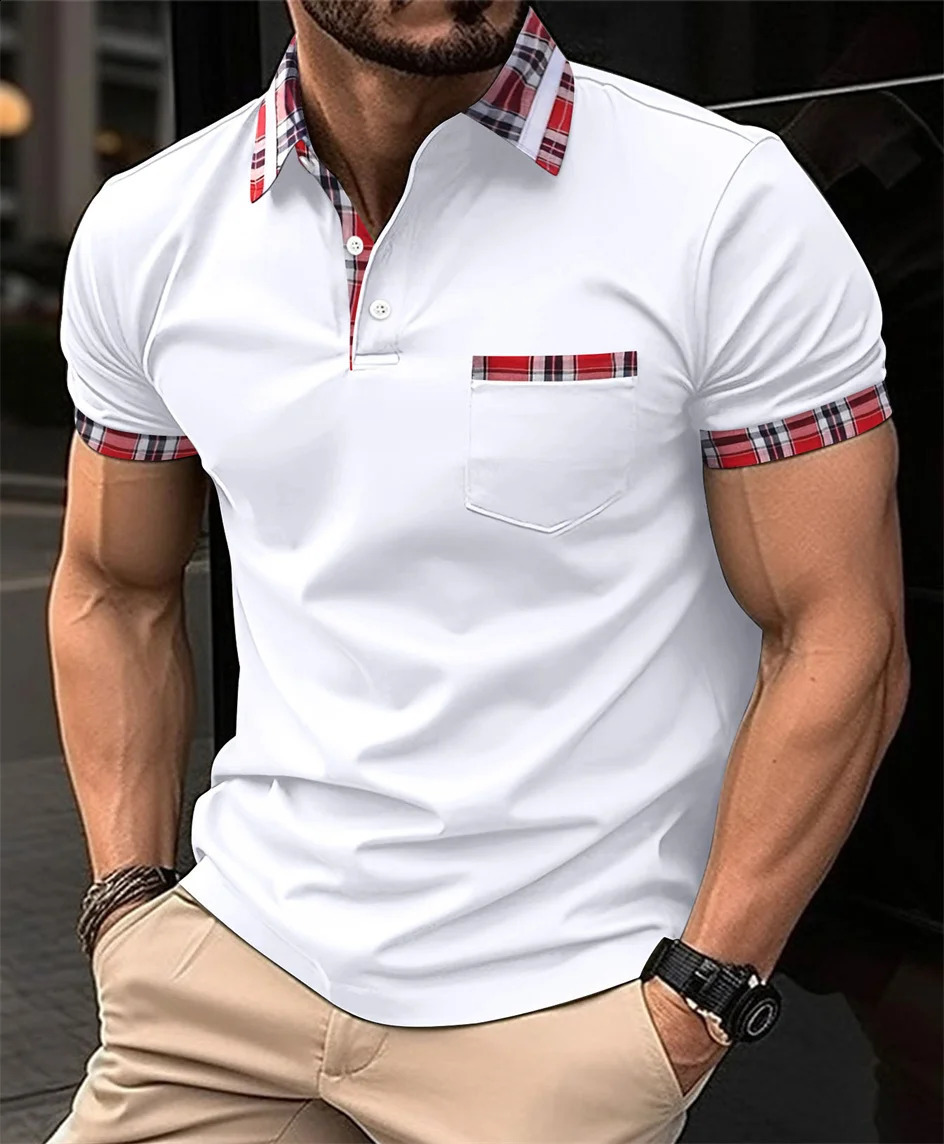 Mens Summer Red Check Collar Patchwork POLO Shirt Short Sleeve Casual Fashion Chest Pocket Small n High Quality Pullover 241205